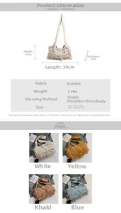 Detailed size specifications for a bohemian knit tote bag with pearls and fringe details