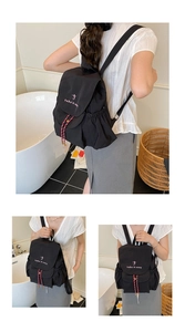 Vista detallada completa de la mochila de lona negra para mujer desde varios ángulos
