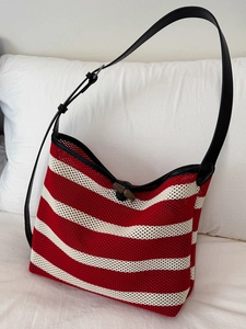 Large Capacity Woven Striped Tote Bag For Women Casual Mesh Knit Shoulder Bag With Adjustable Strap And Wood Toggle Button