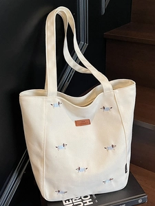 Large Capacity Canvas Tote Bag For Women Puppy Embroidery Simple Casual Student Shoulder Bag Daily Commuter Handbag