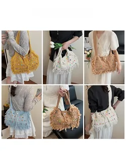 Detailed views of multi-colored woven shoulder bags with beads and fringe trim detail