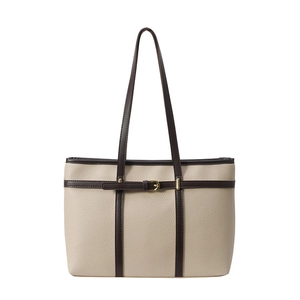 Minimalist beige tote bag with dark brown contrast trim and golden metal buckle details