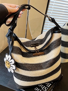 2025 New Women Straw Woven Stripe Bucket Bag Large Capacity Shoulder Crossbody Bag With Sunflower Charm Summer Fashion