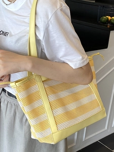 Summer striped mesh tote bag with yellow leather handles for women's daily commute and vacation