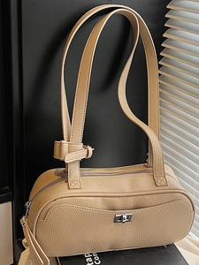 Minimalistische khakifarbene Leder-Schultertasche mit Litschi-Struktur und Drehverschluss