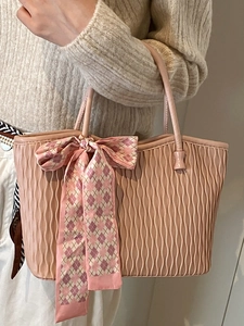 Pink wave-textured tote bag for women with a checkered silk ribbon decoration