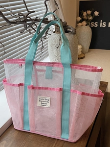 Large Capacity Mesh Beach Bag For Women Breathable Tote Bag For Swimming Gym Travel Color Block Portable Shoulder Bag