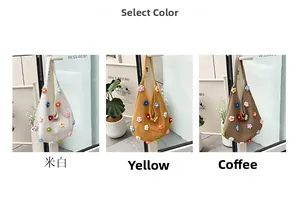 Three variants of handmade knit tote bags with colorful flower embroidery in 3 soft colors