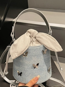 Sac Seau en Denim Papillon pour Femmes Mode Bandoulière Epaule Décontracté Voyage Sac à Main Avec Grand Nœud Cordon Métal