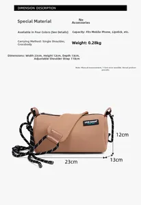 Brown mesh cylinder bag dimensions 23x12x13cm showing storage capacity and woven strap