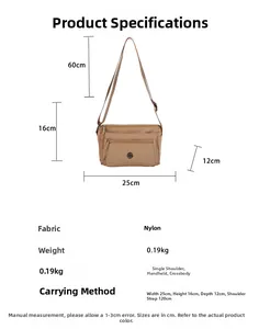 Detailed size chart for nylon crossbody bag showing 25x16x12 cm dimensions and weight
