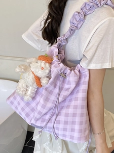 Purple gingham tote bag with ruffle strap and cute rabbit pendant for casual style