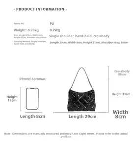 Size comparison of black quilted chain bag with a smartphone showing dimensions