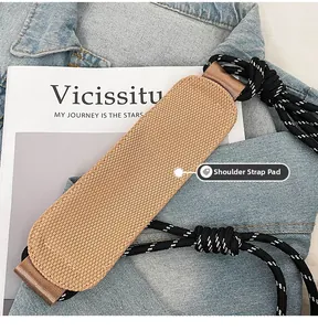Detail of khaki breathable mesh shoulder strap pad with braided rope for crossbody bags