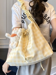 Large gingham bucket bag with ruffled straps and cute bear pendant for summer casual style