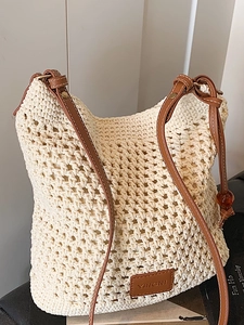 Women Hollow Crochet Woven Tote Bag Artificial Leather Strap Beach Vacation Shoulder Bag Bohemian Casual Handbag Beige
