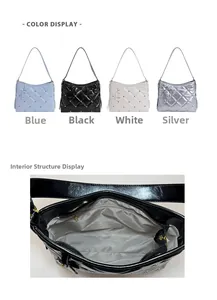 Detailed view of quilted underarm bag interior and multi-color options Blue Black White Silver