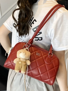 Deep red quilted rhombus shoulder bag with cute bear charm for women fashion style