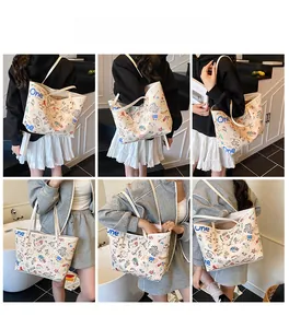 Collage of a white floral printed tote bag showing multiple lifestyle carrying perspectives