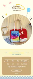 Detailed size guide and nylon material specifications for polka dot tote bag with dimensions