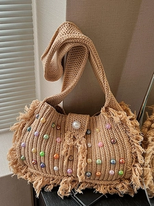 Sac à Épaule Tricoté Bohème pour Femmes Künstliche Perles Colorées Glands Sac à Main Crochet Fait Main Avec Boucle de Künstliche Perle Vacances