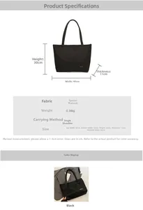 Detailed size specifications for a large black tote bag with dimensions and 0.38kg weight
