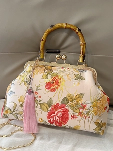 Vintage Chinese Style Satin Brocade Floral Print Handbag For Women Bamboo Handle Kiss Lock Shoulder Crossbody Bag Evening Bag