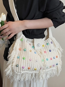 Sac à bandoulière en crochet avec perles et franges, sac à main en tricot bohème