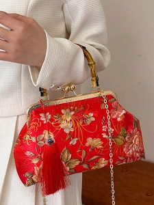 Vintage Chinese style red silk embroidery handbag with bamboo handle and red tassel accent