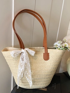 Summer Large Capacity Woven Straw Tote Bag For Women Beach Vacation Shoulder Bag With Elegant Lace Bow Decoration