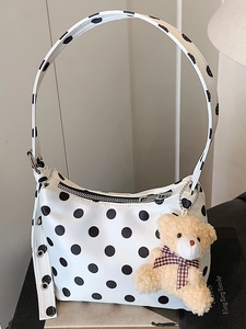 Polka Dot Underarm Bag Retro Shoulder Bag With Plush Bear Pendant Lightweight Fabric Tote Handbag For Women Casual Daily Use