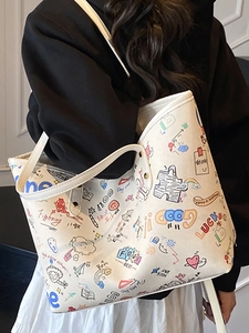 Minimalist cream tote bag with colorful graffiti prints and large capacity for women