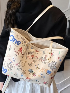 Minimalist off-white tote bag with colorful graffiti print and dual shoulder straps