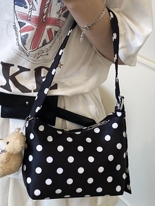 Polka dot pattern nylon shoulder bag with a cute bear charm pendant for women