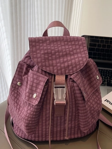 Minimalist purple checkered large capacity backpack for women with flap and dual front pockets
