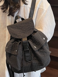 Minimalist large capacity dark grey checkered backpack for women casual travel use