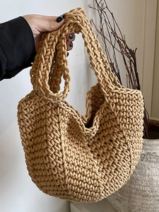 Women Minimalist Hand Woven Cotton Rope Tote Bag Vintage Crochet Shoulder Bag Large Capacity Summer Vacation Beach Handbag