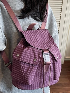 Minimalist purple checkered large capacity backpack with textured fabric for women