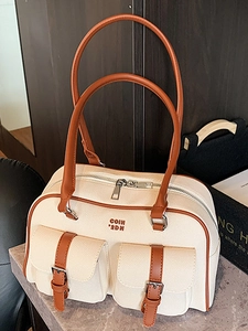 Women Large Capacity PU Shoulder Bag Fashion Underarm Boston Bag With Stylish Charm Retro Contrast Color Handbag For Women