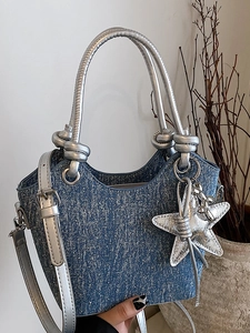 Fashion Women Denim Texture PU Bucket Bag With Rhinestones Metal Star Charm Shoulder Crossbody Handbag Summer Casual Tote