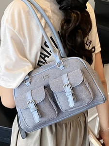 Blue and white striped Boston shoulder bag with silver buckles and large capacity style