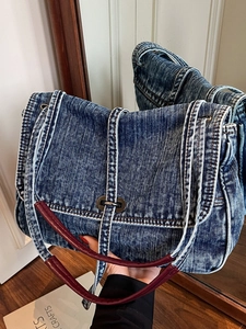 Vintage Washed Denim Shoulder Bag For Women Large Capacity Patchwork Messenger Bag Retro Urban Minimalist Student Tote Daily Handbag