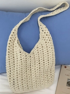 Sac à Épaule en Coton Tissé au Crochet pour Femmes Sac Tote Ajouré de Grande Capacité Sac à Main de Plage Style Boho Sac Sous le Bras