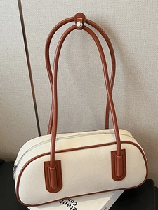 Niche Patchwork Bowling Bag Large Capacity Canvas Synthetic Leather Shoulder Underarm Bag Urban Minimalist Commute Purse