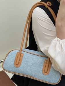 Blue denim and brown leather bowling shoulder bag for women with round structure