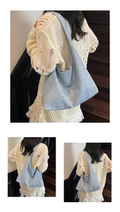 Detail of light blue glittery knit tote bag showing soft texture and spacious interior