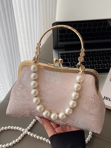 Vintage Chinese Style Jacquard Embroidered Shoulder Bag With Artificial Pearl Handle Chain Strap Women Neo-Chinese Evening Clutch Purse Pink Blue