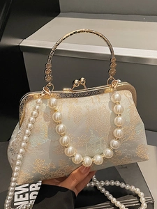 Vintage Chinese style pearl embroidery handbag with golden handle and jacquard fabric