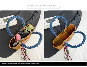 Detail showing straw tote bag interior capacity with denim handles and colorful tassels