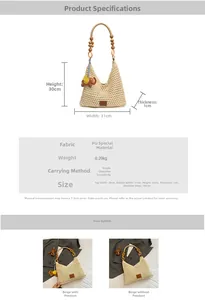 Detailed dimension guide for large woven beach shoulder bag with wooden bead handles